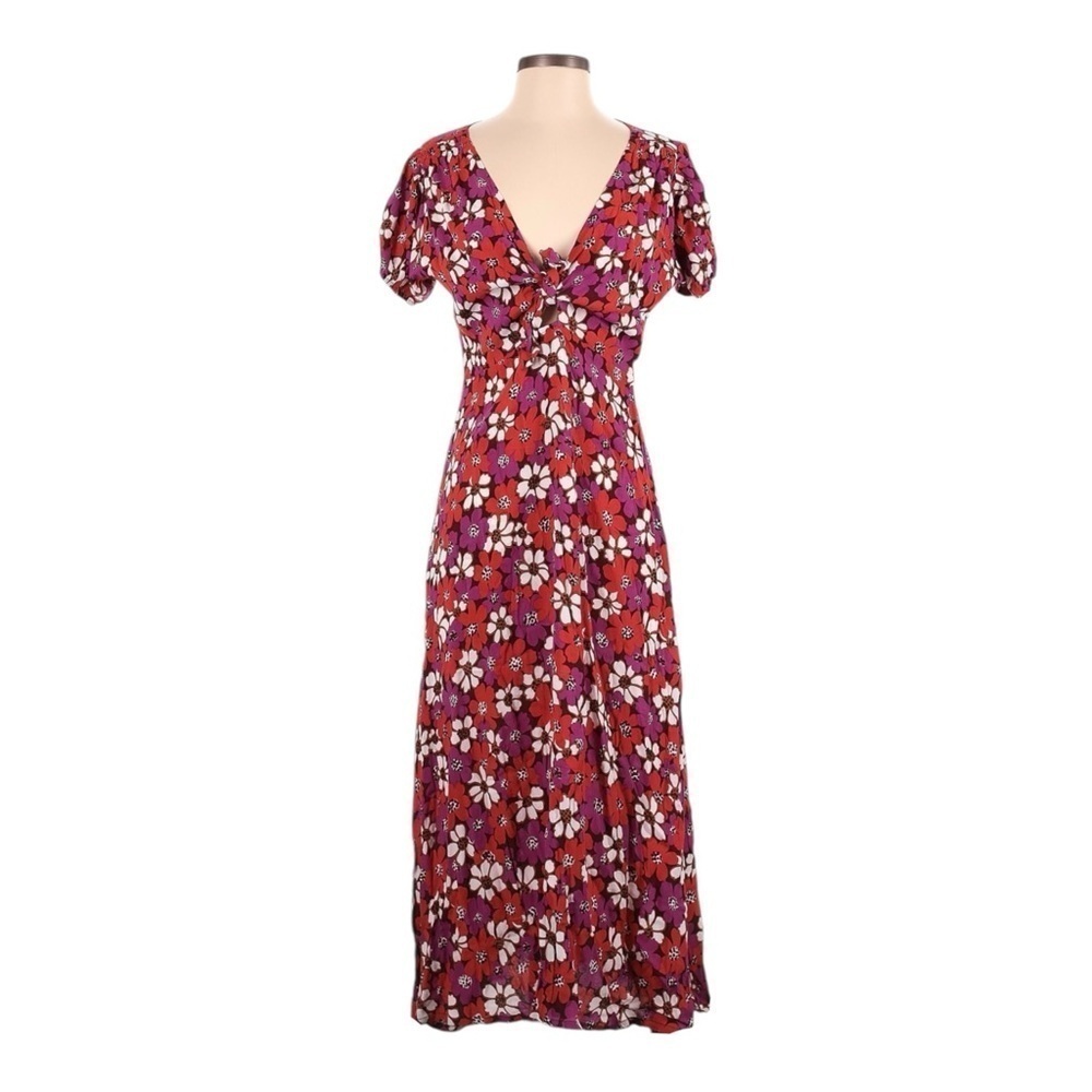 Faithfull the Brand Mailee Midi Dress 4 NWT Red Pink Floral Tie Front Vacation